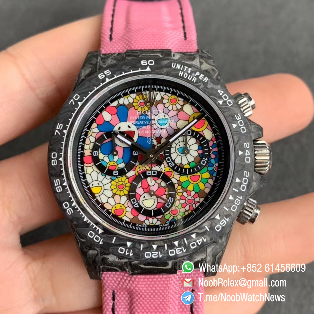 Replica DIW Daytona Colorful Flower Dial on Pink Nylon Strap A4130 WWF Best Duplicate Diw Rolex Watch 01