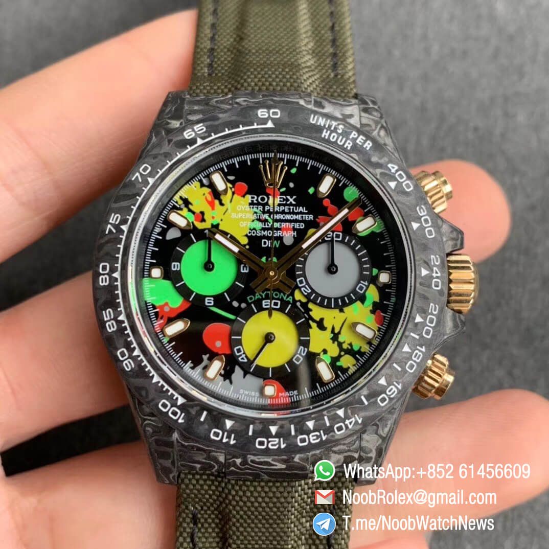 Replica DIW Daytona Motley 2 Green Yellow Red Three colors motley Dial on Dark Green Nylon Strap A4130 WWF Best Copies Diw Rolex Watch 01