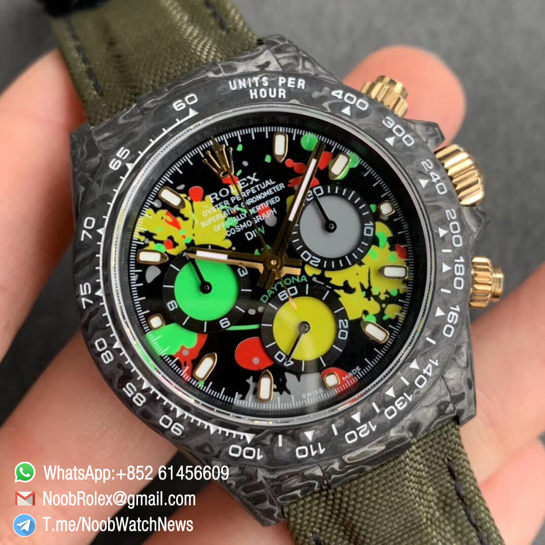 Replica DIW Daytona Motley 2 Green Yellow Red Three colors motley Dial on Dark Green Nylon Strap A4130 WWF Best Copies Diw Rolex Watch 02