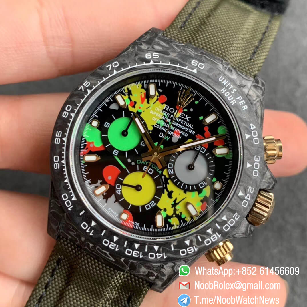 Replica DIW Daytona Motley 2 Green Yellow Red Three colors motley Dial on Dark Green Nylon Strap A4130 WWF Best Copies Diw Rolex Watch 03