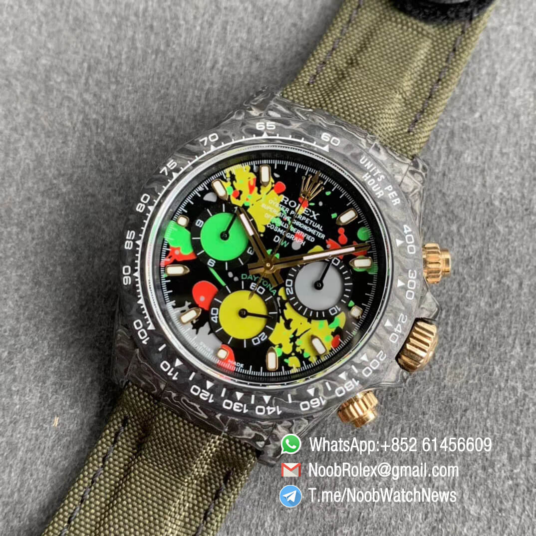 Replica DIW Daytona Motley 2 Green Yellow Red Three colors motley Dial on Dark Green Nylon Strap A4130 WWF Best Copies Diw Rolex Watch 09