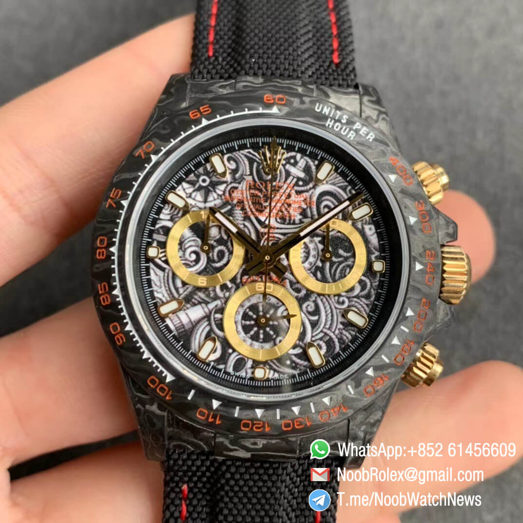 Replica DIW Daytona Navigation Carbon Case Black Dial with The Age of Exploration Sign on Black Nylon Strap A4130 WWF Best Copies Diw Rolexes 01