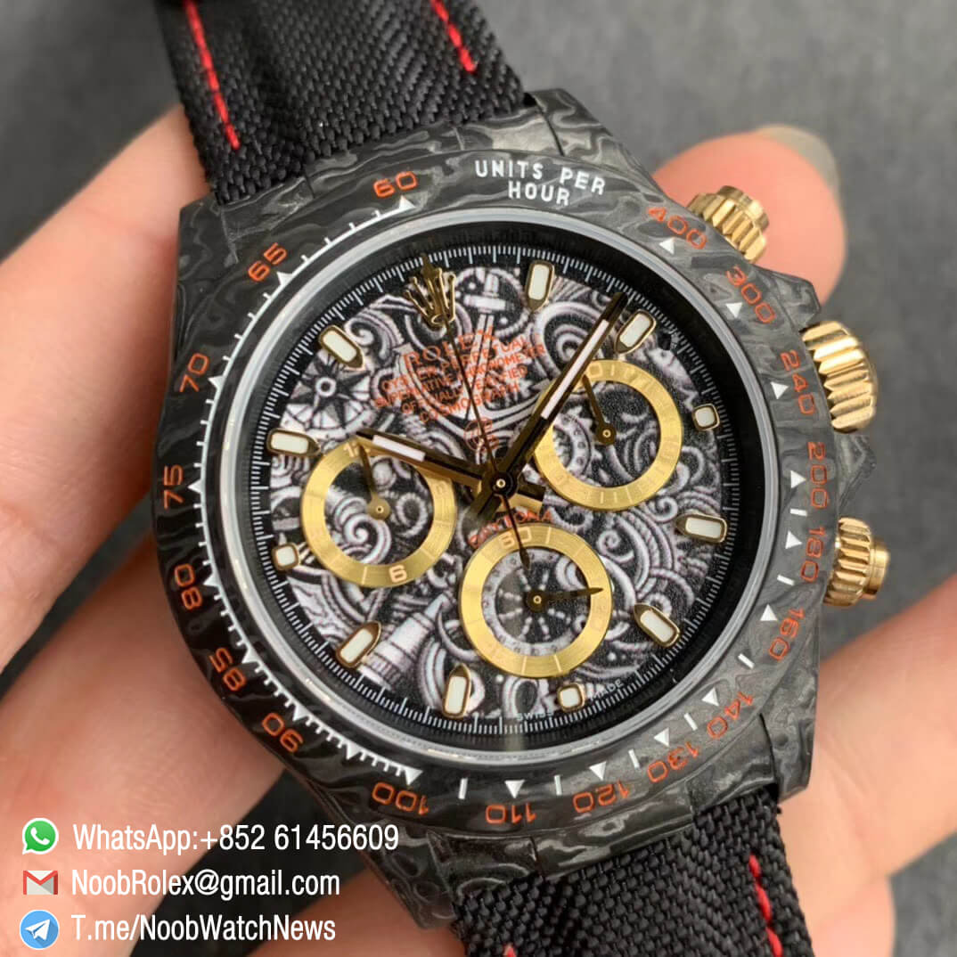 Replica DIW Daytona Navigation Carbon Case Black Dial with The Age of Exploration Sign on Black Nylon Strap A4130 WWF Best Copies Diw Rolexes 02