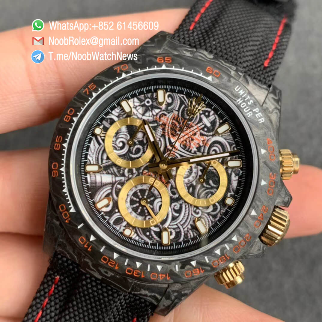 Replica DIW Daytona Navigation Carbon Case Black Dial with The Age of Exploration Sign on Black Nylon Strap A4130 WWF Best Copies Diw Rolexes 03