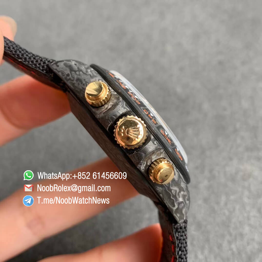 Replica DIW Daytona Navigation Carbon Case Black Dial with The Age of Exploration Sign on Black Nylon Strap A4130 WWF Best Copies Diw Rolexes 04