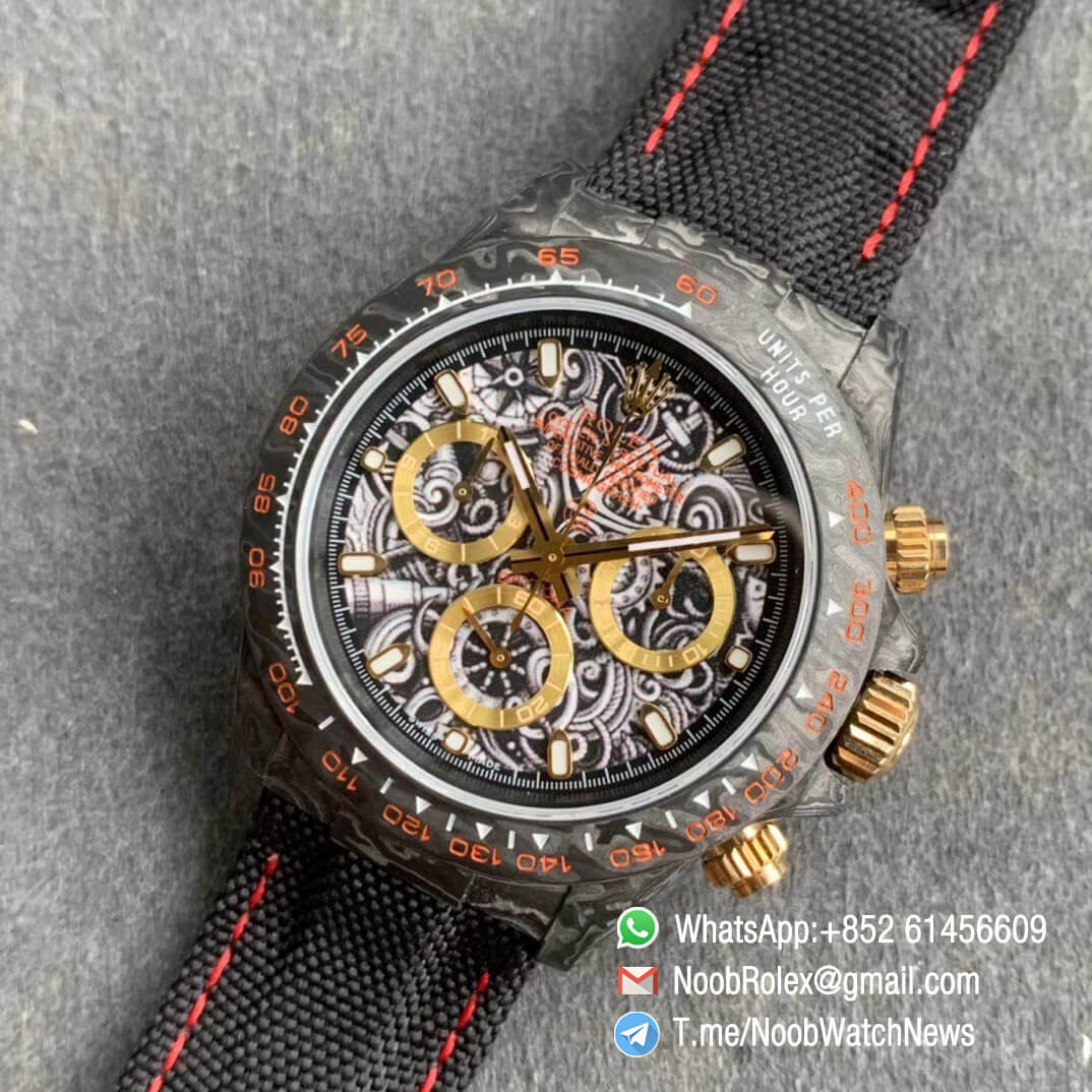 Replica DIW Daytona Navigation Carbon Case Black Dial with The Age of Exploration Sign on Black Nylon Strap A4130 WWF Best Copies Diw Rolexes 09