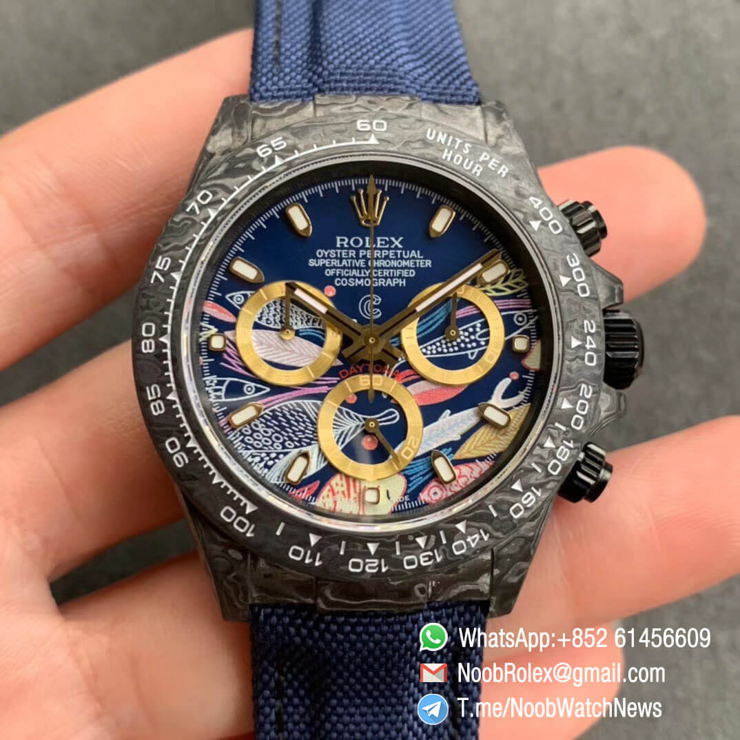 Replica Rolex DIW Daytona Carbon Blue Fish Dial on Dark Blue Nylon Strap A4130 WWF Best Qualtiy 01
