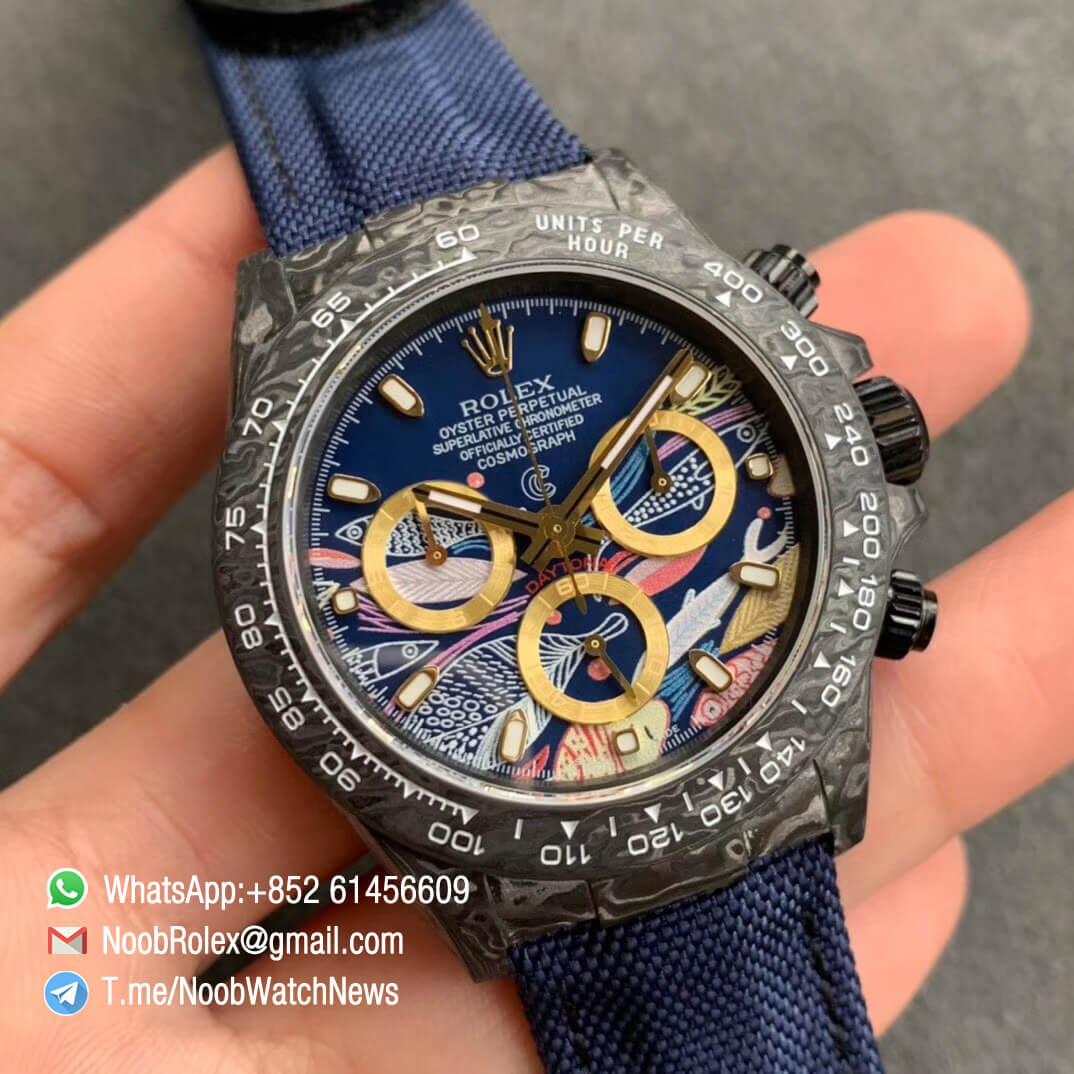 Replica Rolex DIW Daytona Carbon Blue Fish Dial on Dark Blue Nylon Strap A4130 WWF Best Qualtiy 02