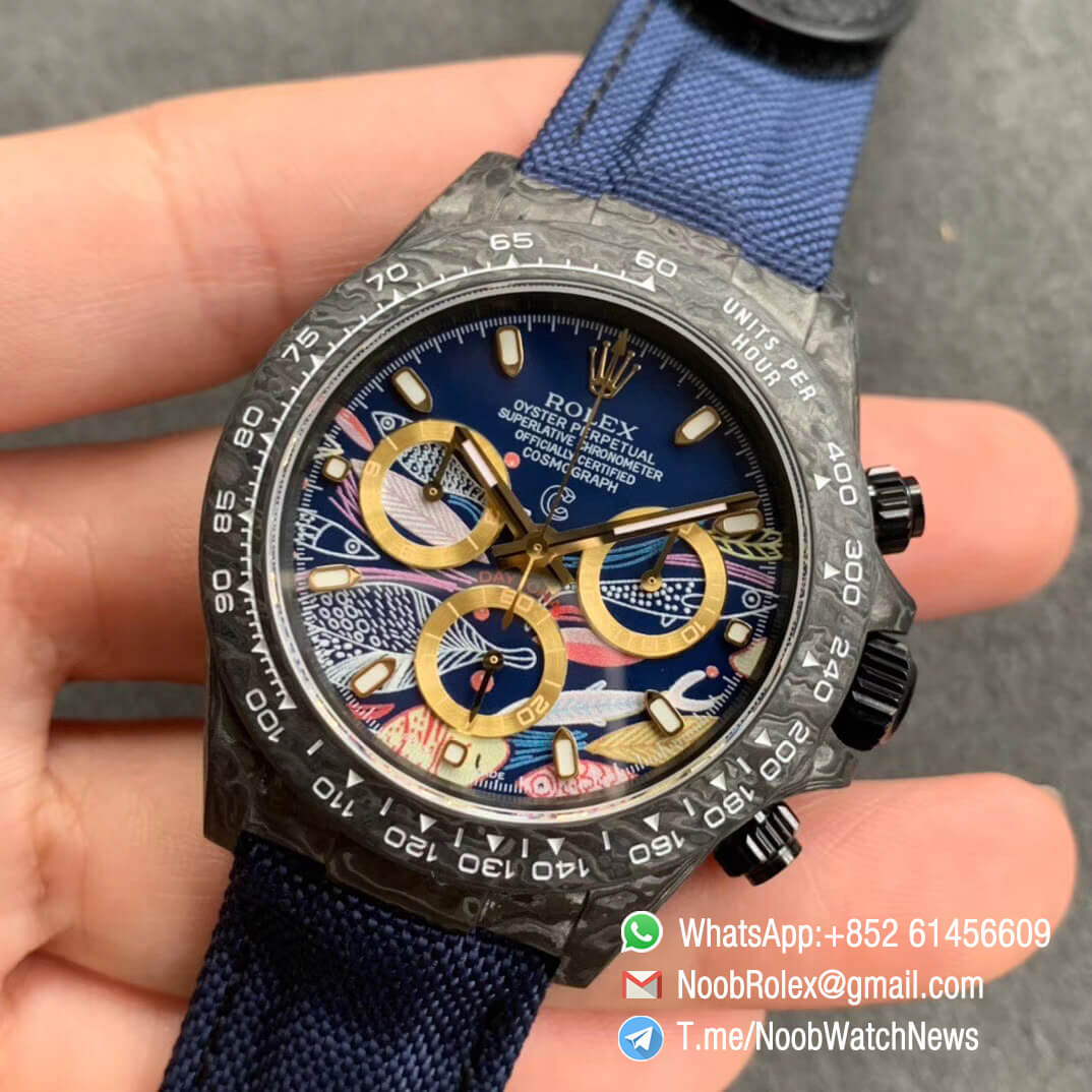 Replica Rolex DIW Daytona Carbon Blue Fish Dial on Dark Blue Nylon Strap A4130 WWF Best Qualtiy 03