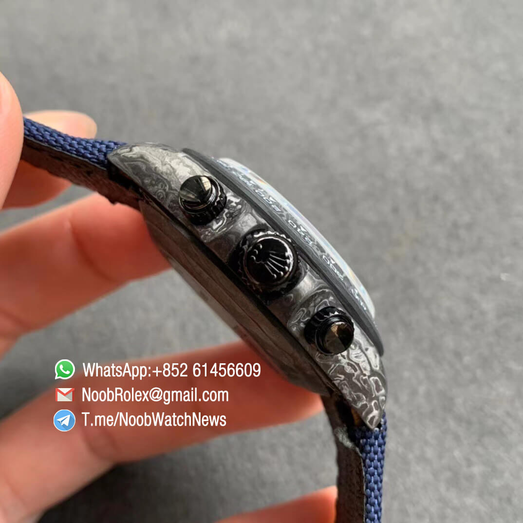 Replica Rolex DIW Daytona Carbon Blue Fish Dial on Dark Blue Nylon Strap A4130 WWF Best Qualtiy 04