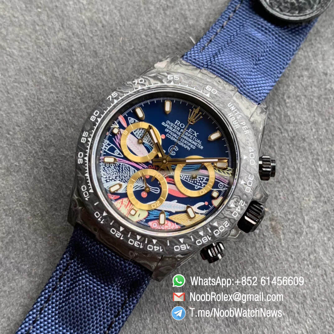 Replica Rolex DIW Daytona Carbon Blue Fish Dial on Dark Blue Nylon Strap A4130 WWF Best Qualtiy 09