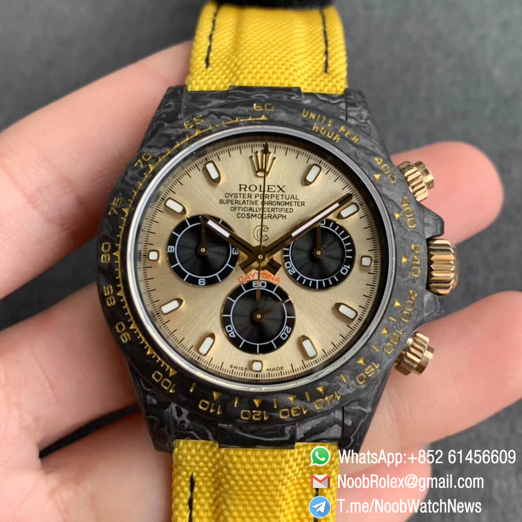 Replica Rolexes DIW Daytona Carbon Case Gold Dial on Yellow Nylon Strap A4130 WWF Best Copies Diw Rolex 01