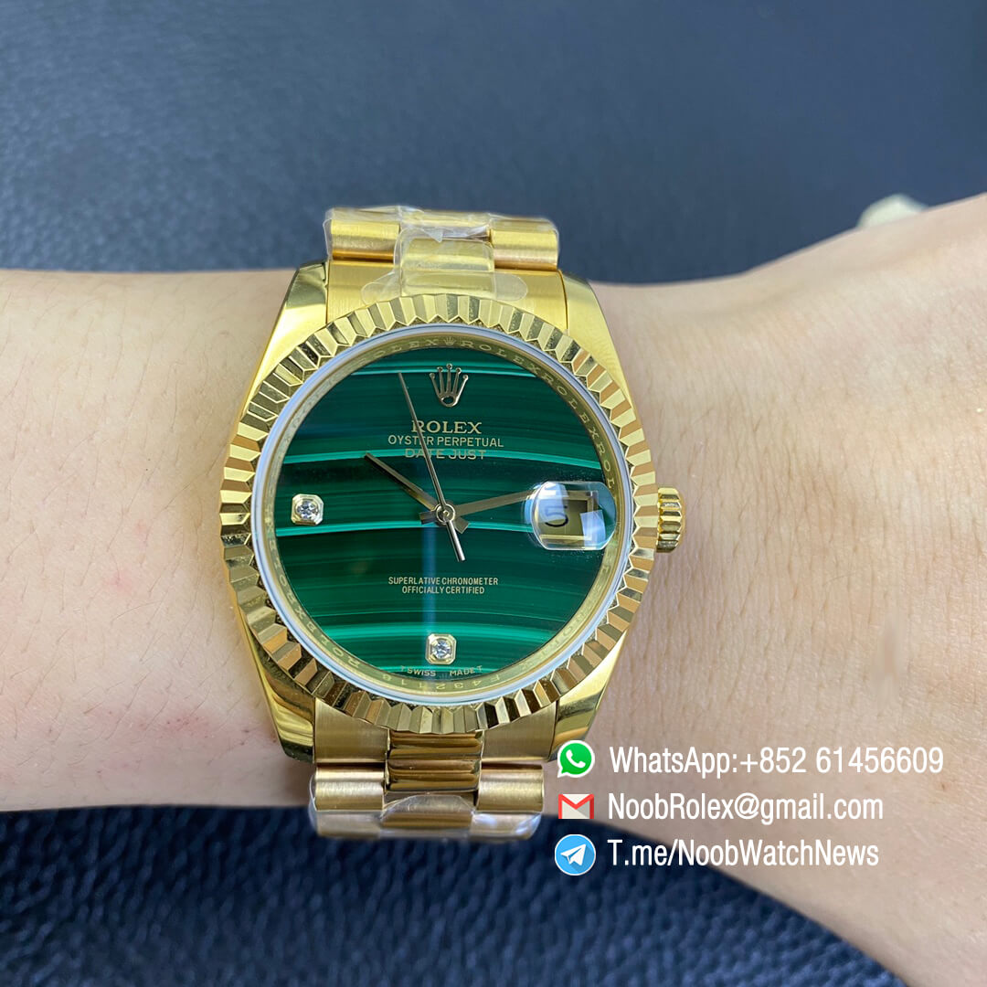 Rolex Datejust 36 Full Yellow Gold Plated on Case Oyster Bracelet Green Malachite Dial Diamonds Index High Quality Replica Rolexes 01