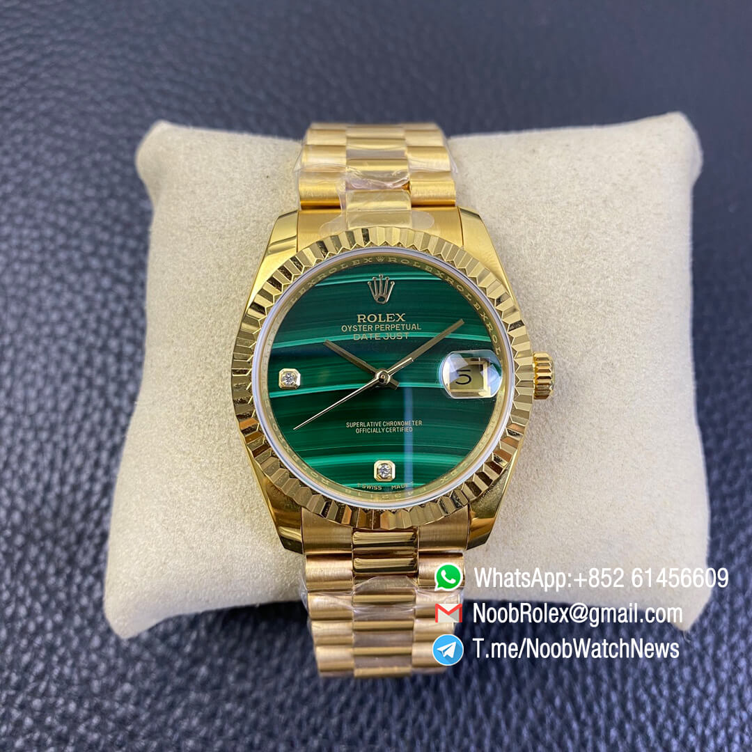 Rolex Datejust 36 Full Yellow Gold Plated on Case Oyster Bracelet Green Malachite Dial Diamonds Index High Quality Replica Rolexes 02
