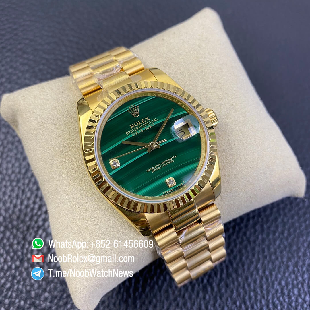 Rolex Datejust 36 Full Yellow Gold Plated on Case Oyster Bracelet Green Malachite Dial Diamonds Index High Quality Replica Rolexes 03