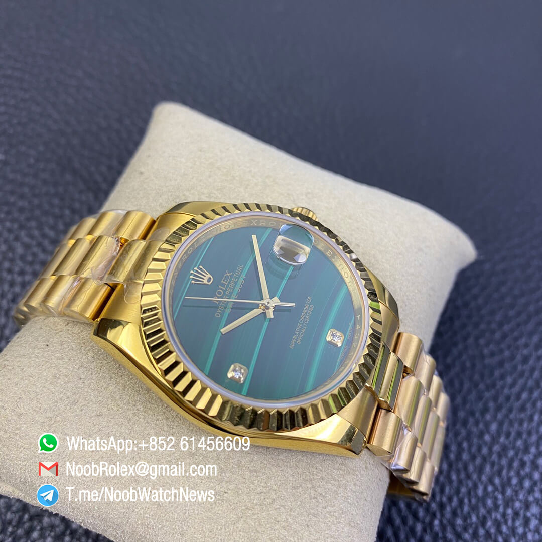 Rolex Datejust 36 Full Yellow Gold Plated on Case Oyster Bracelet Green Malachite Dial Diamonds Index High Quality Replica Rolexes 05