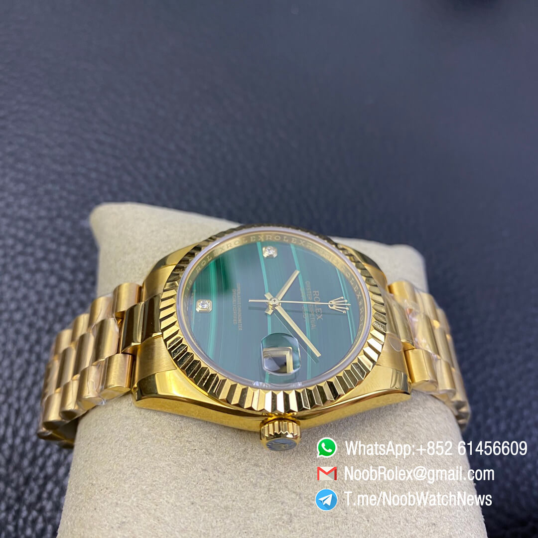 Rolex Datejust 36 Full Yellow Gold Plated on Case Oyster Bracelet Green Malachite Dial Diamonds Index High Quality Replica Rolexes 06