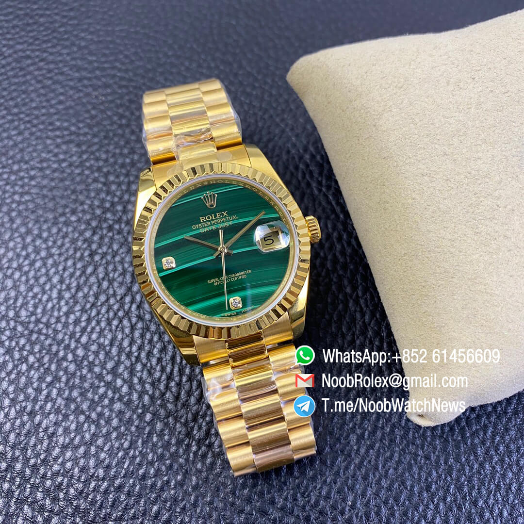 Rolex Datejust 36 Full Yellow Gold Plated on Case Oyster Bracelet Green Malachite Dial Diamonds Index High Quality Replica Rolexes 07