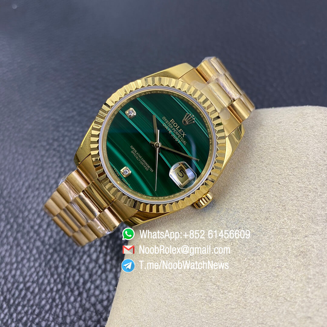 Rolex Datejust 36 Full Yellow Gold Plated on Case Oyster Bracelet Green Malachite Dial Diamonds Index High Quality Replica Rolexes 08