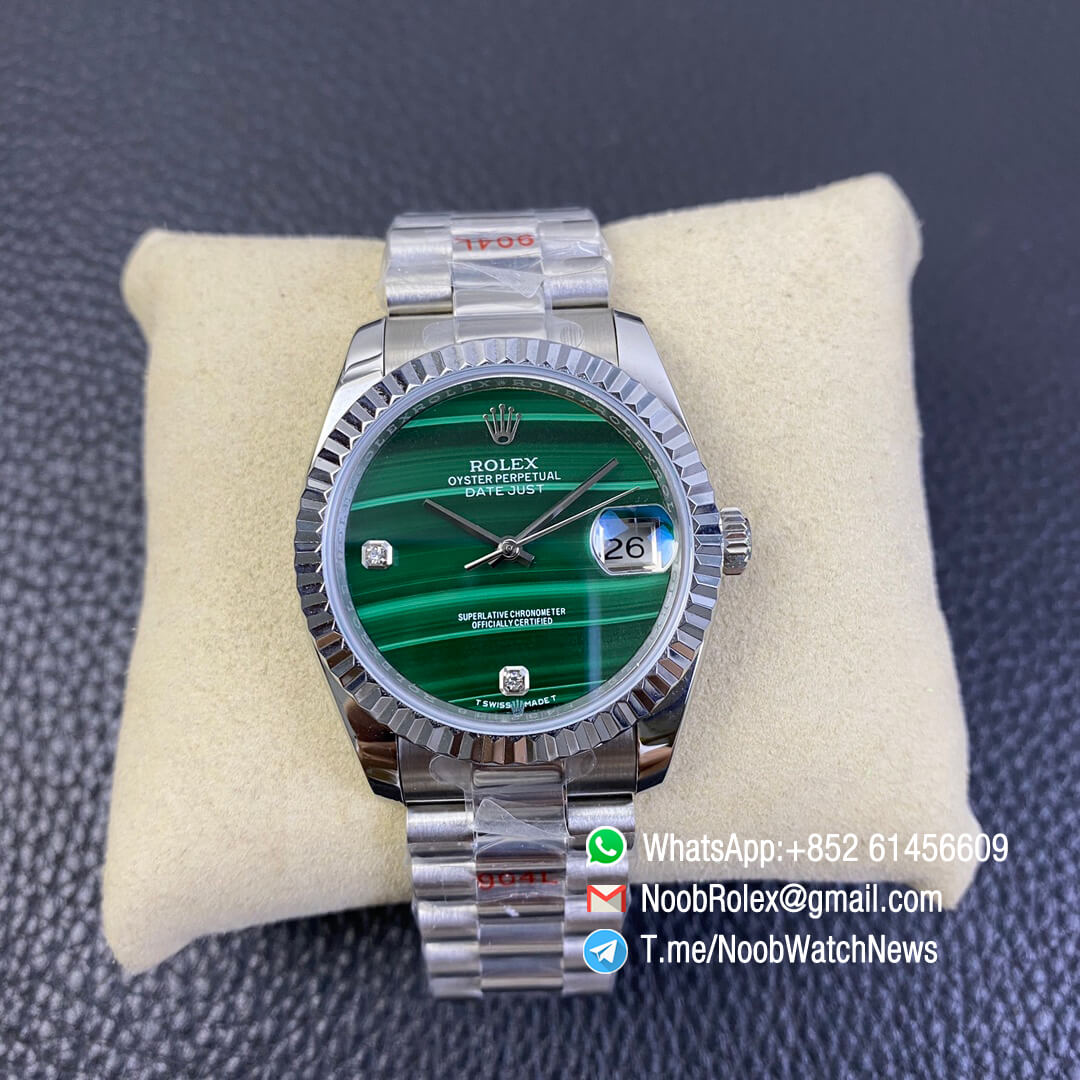 Rolex Datejust 36mm Stainless Steel Case Oyster Bracelet Green Malachite Dial Diamonds Index High Quality Replica Rolexes 05