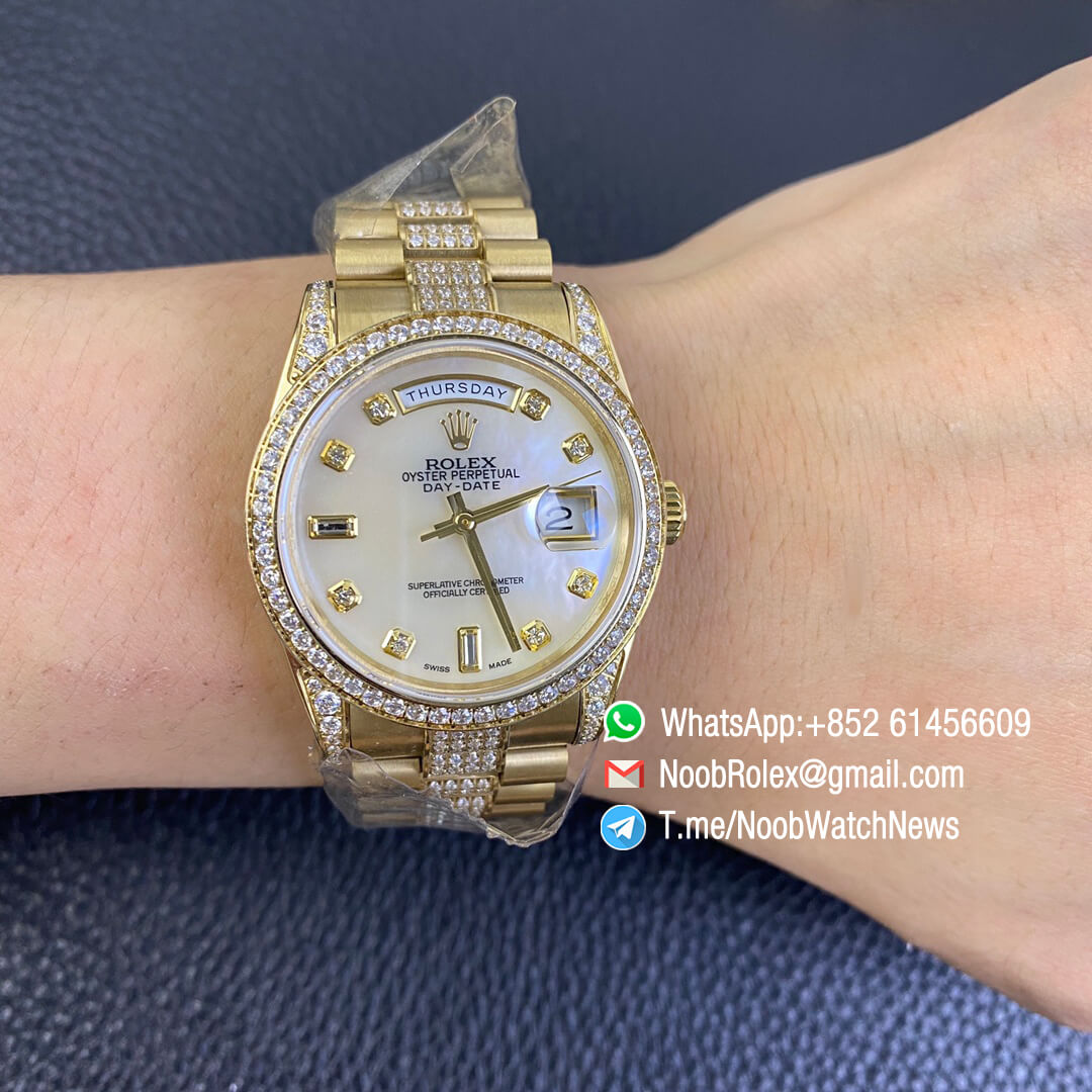 Rolex Day Date 36mm Full Yellow Gold Plate on Steel Case Bracelet Plate Diamonds White MOP Dial with Diamond Indexs A3255 Automatic High Quality 01