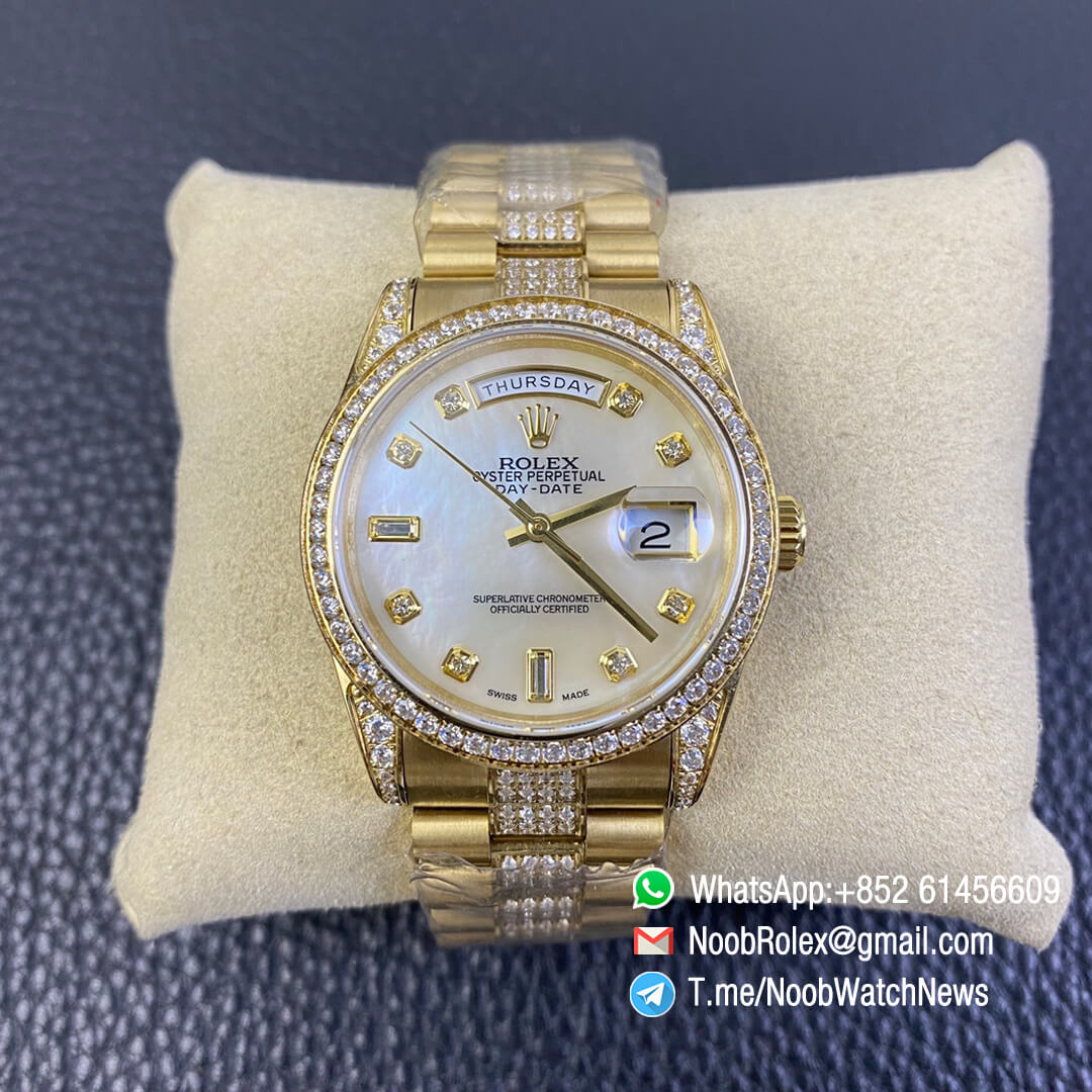 Rolex Day Date 36mm Full Yellow Gold Plate on Steel Case Bracelet Plate Diamonds White MOP Dial with Diamond Indexs A3255 Automatic High Quality 02