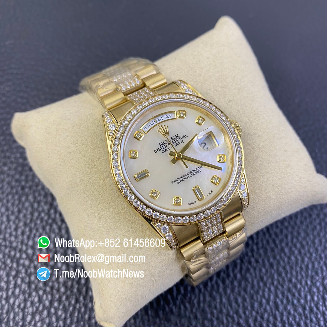 Rolex Day Date 36mm Full Yellow Gold Plate on Steel Case Bracelet Plate Diamonds White MOP Dial with Diamond Indexs A3255 Automatic High Quality 03