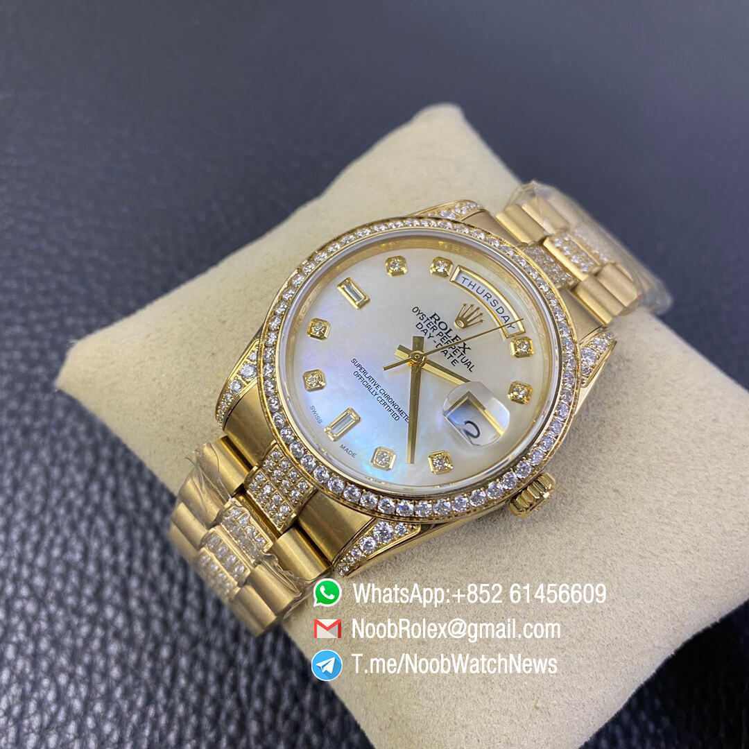 Rolex Day Date 36mm Full Yellow Gold Plate on Steel Case Bracelet Plate Diamonds White MOP Dial with Diamond Indexs A3255 Automatic High Quality 04