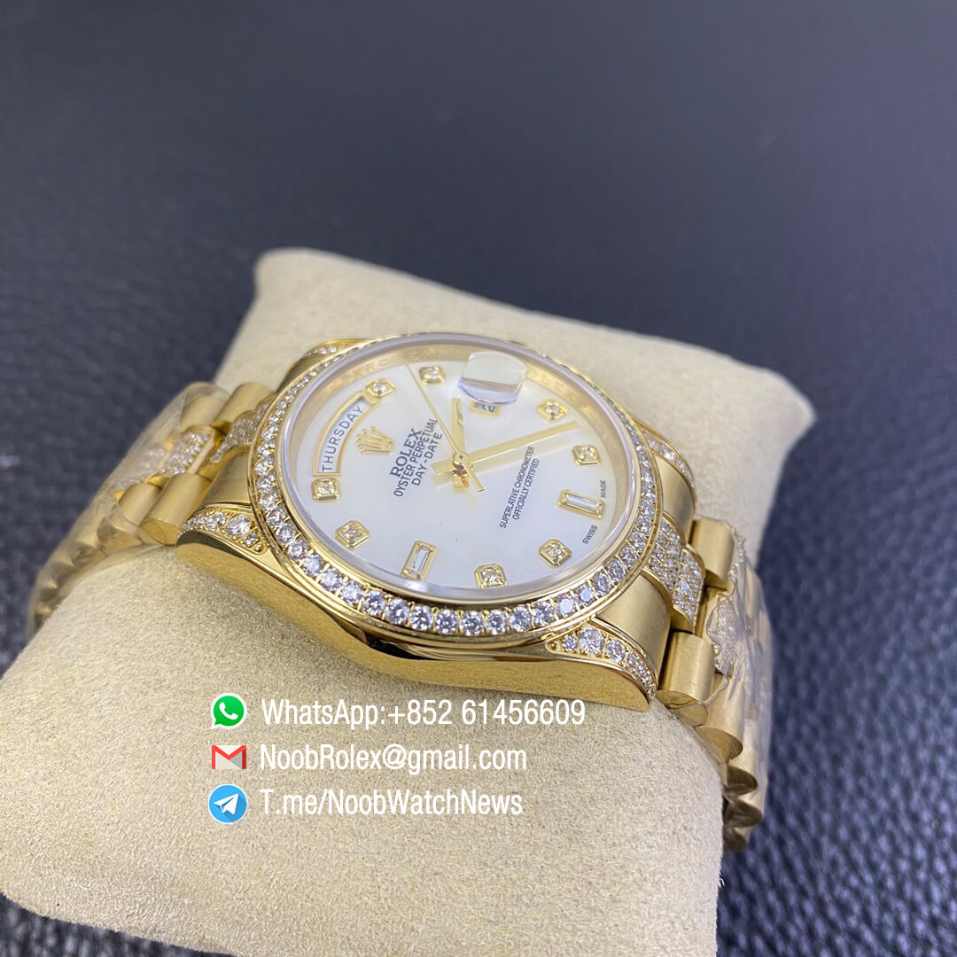 Rolex Day Date 36mm Full Yellow Gold Plate on Steel Case Bracelet Plate Diamonds White MOP Dial with Diamond Indexs A3255 Automatic High Quality 05