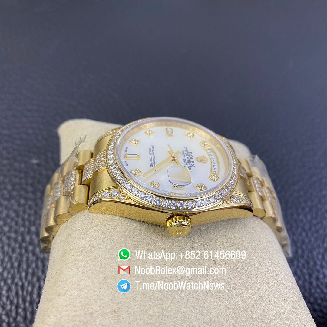 Rolex Day Date 36mm Full Yellow Gold Plate on Steel Case Bracelet Plate Diamonds White MOP Dial with Diamond Indexs A3255 Automatic High Quality 06