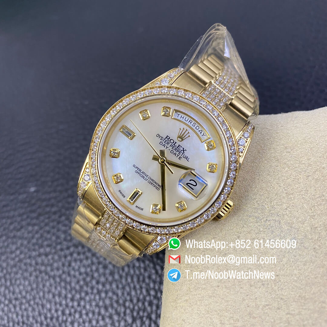 Rolex Day Date 36mm Full Yellow Gold Plate on Steel Case Bracelet Plate Diamonds White MOP Dial with Diamond Indexs A3255 Automatic High Quality 07
