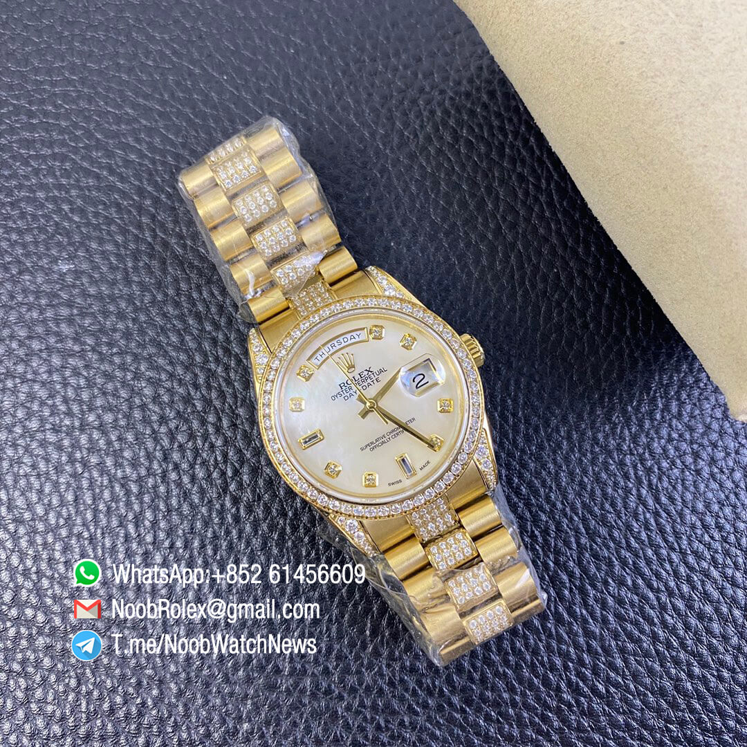 Rolex Day Date 36mm Full Yellow Gold Plate on Steel Case Bracelet Plate Diamonds White MOP Dial with Diamond Indexs A3255 Automatic High Quality 08