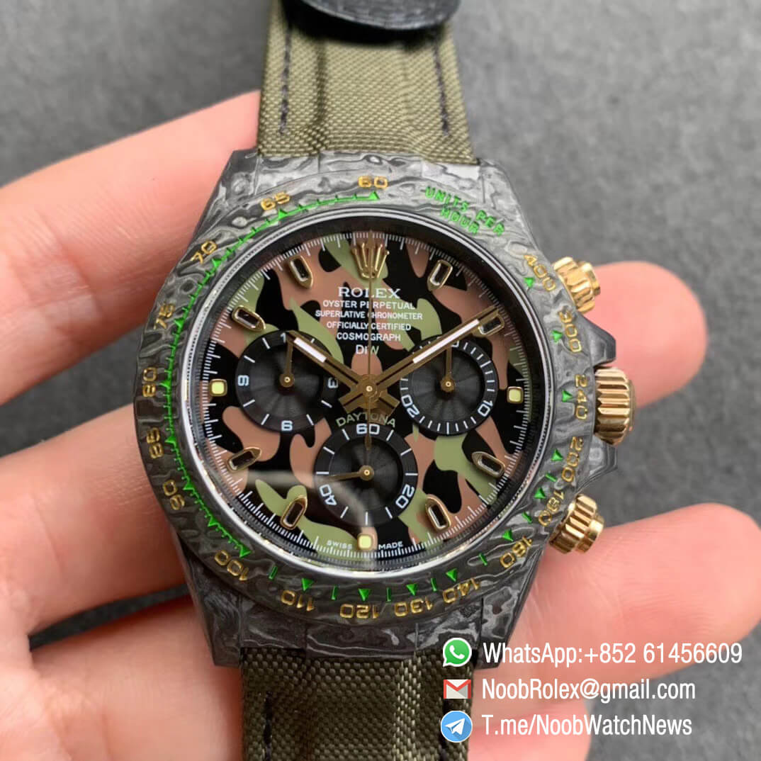 Rolex Daytona DIW Carbon Carbon Camouflage Dial on Dark Green Nylon Strap A4130 WWF Top Qualtiy Replica Watch 01