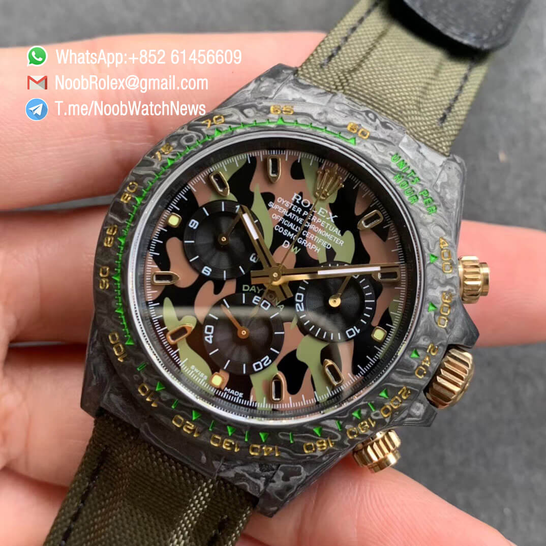 Rolex Daytona DIW Carbon Carbon Camouflage Dial on Dark Green Nylon Strap A4130 WWF Top Qualtiy Replica Watch 03