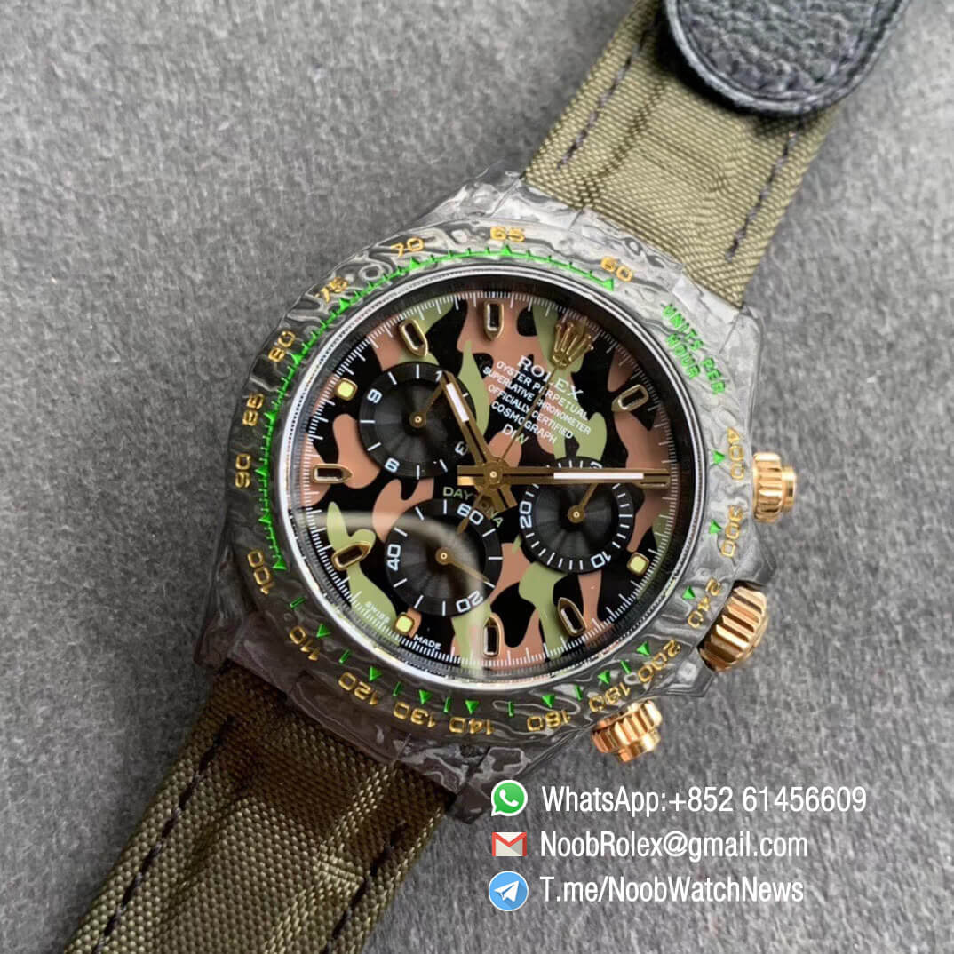 Rolex Daytona DIW Carbon Carbon Camouflage Dial on Dark Green Nylon Strap A4130 WWF Top Qualtiy Replica Watch 09