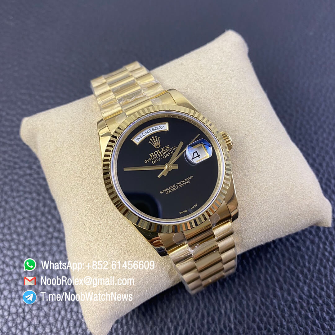 Rolex Oyster Perpetual Day Date 36mm All Yellow Case Bracelet Black Dial No Index A2836 BP Factory High Quality 02