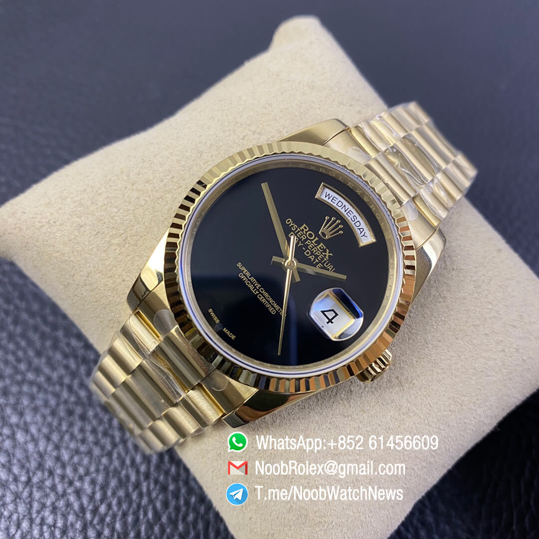 Rolex Oyster Perpetual Day Date 36mm All Yellow Case Bracelet Black Dial No Index A2836 BP Factory High Quality 03