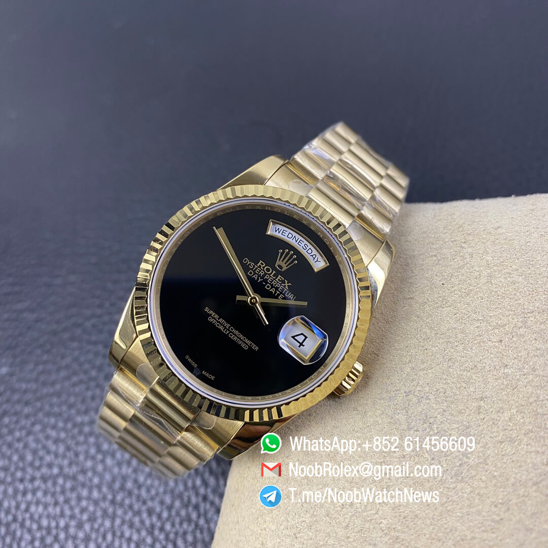 Rolex Oyster Perpetual Day Date 36mm All Yellow Case Bracelet Black Dial No Index A2836 BP Factory High Quality 06