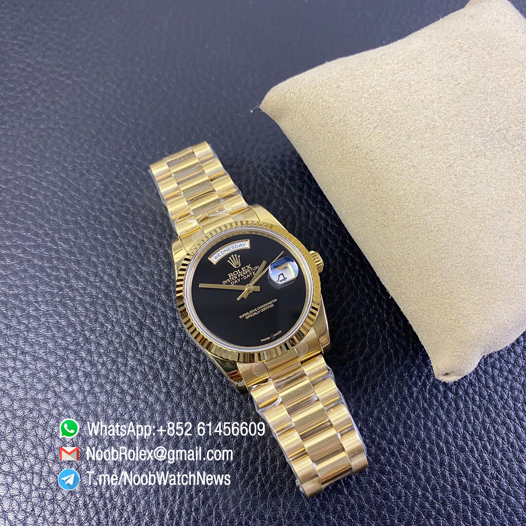 Rolex Oyster Perpetual Day Date 36mm All Yellow Case Bracelet Black Dial No Index A2836 BP Factory High Quality 07