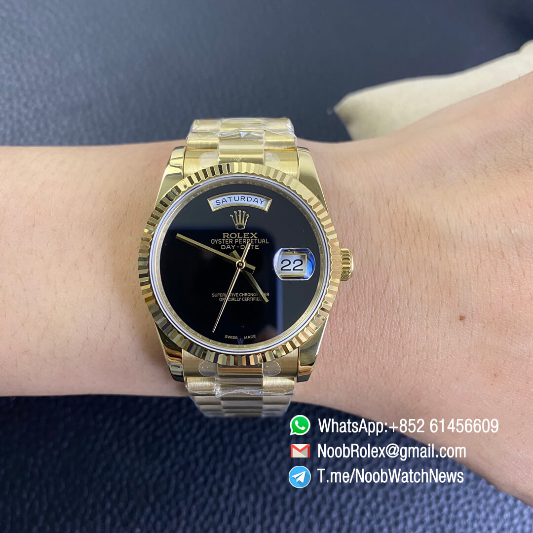 Rolex Oyster Perpetual Day Date 36mm All Yellow Case Bracelet Black Dial No Index A2836 BP Factory High Quality 10