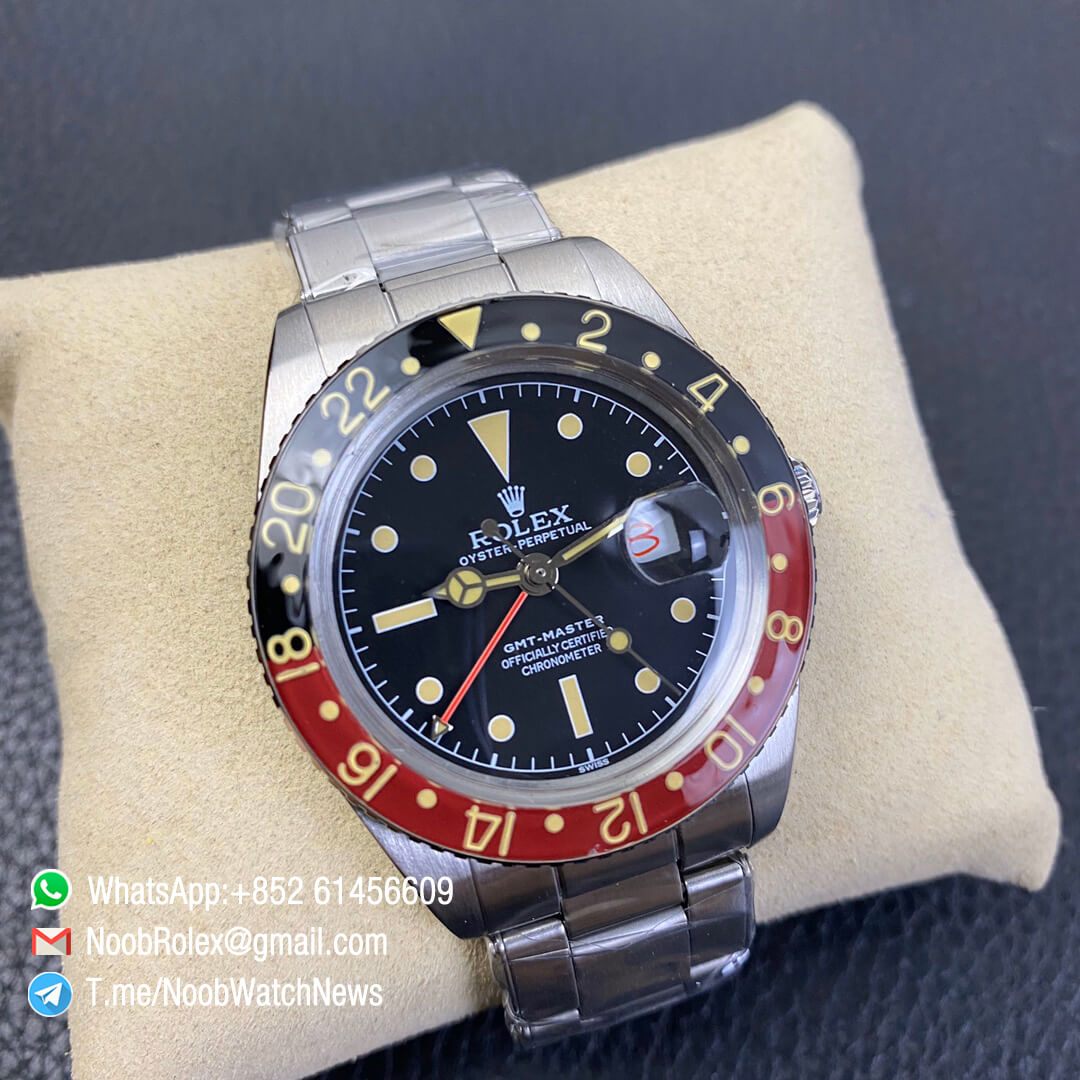 Vintage Rolex GMT Master Black Red Bezel Black Dial with Red Font Date Window Steel Case Bracelet A2836 High Quality Retro GMT Master 02