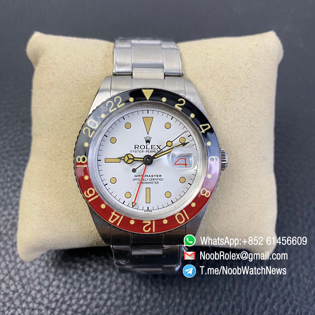 Vintage Rolex GMT Master Black Red Bezel White Dial on Steel Case Bracelet A2836 High Quality Clone Rolexes 01