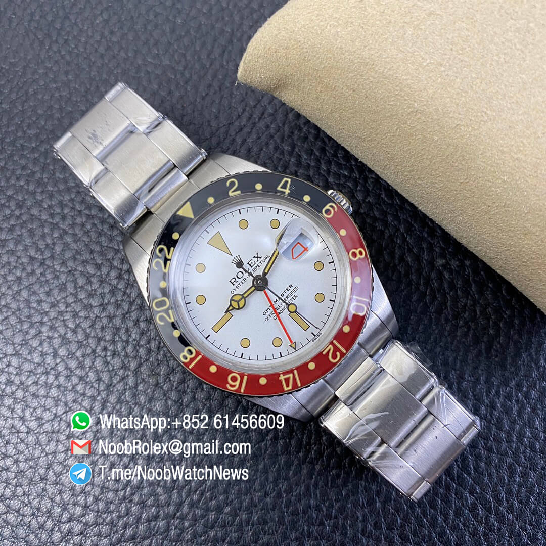 Vintage Rolex GMT Master Black Red Bezel White Dial on Steel Case Bracelet A2836 High Quality Clone Rolexes 05