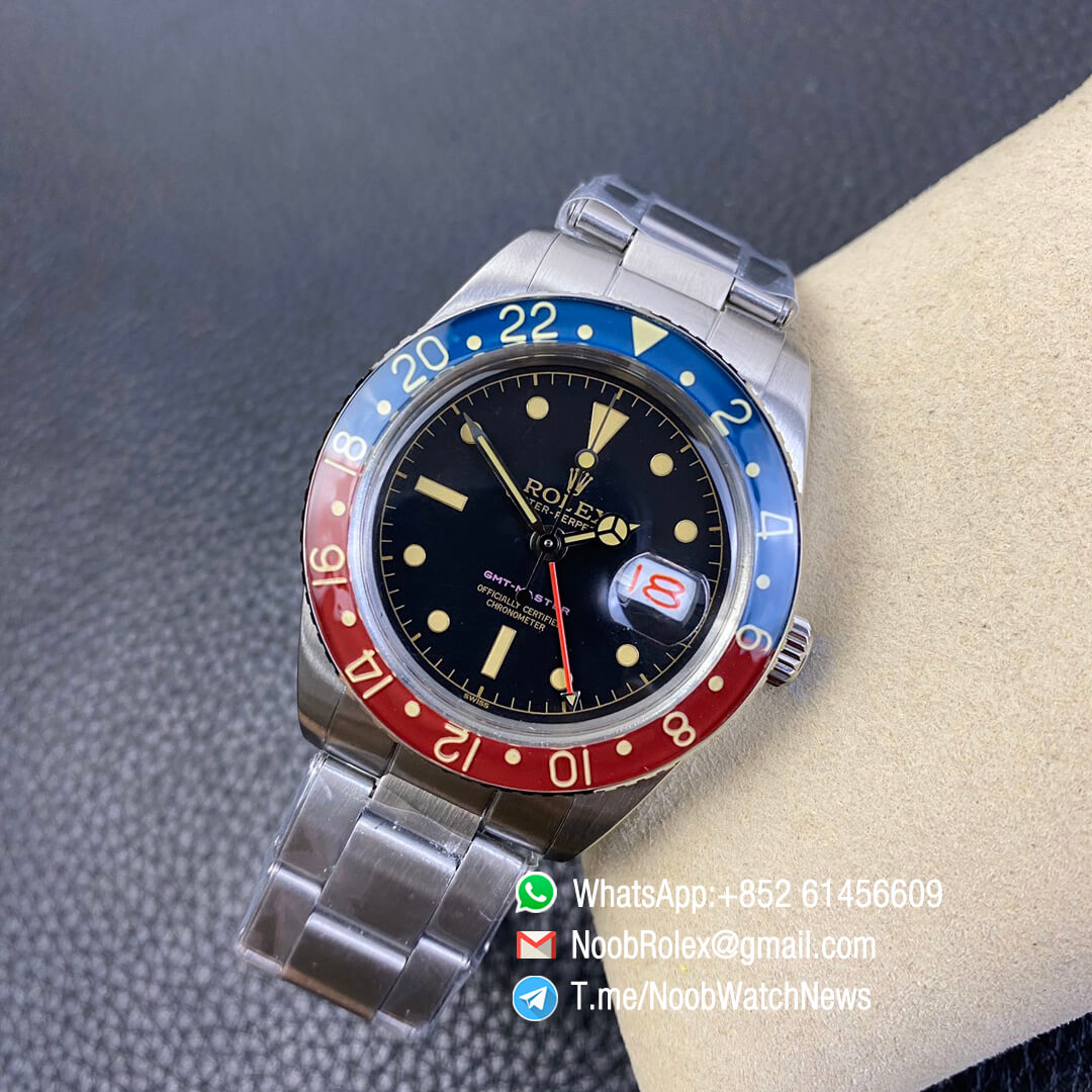 Vintage Rolex Pepsi GMT Master Blue Red Bezel Black Dial Red Font Date Window A2836 High Quality Replica Retro GMT MASTER 04