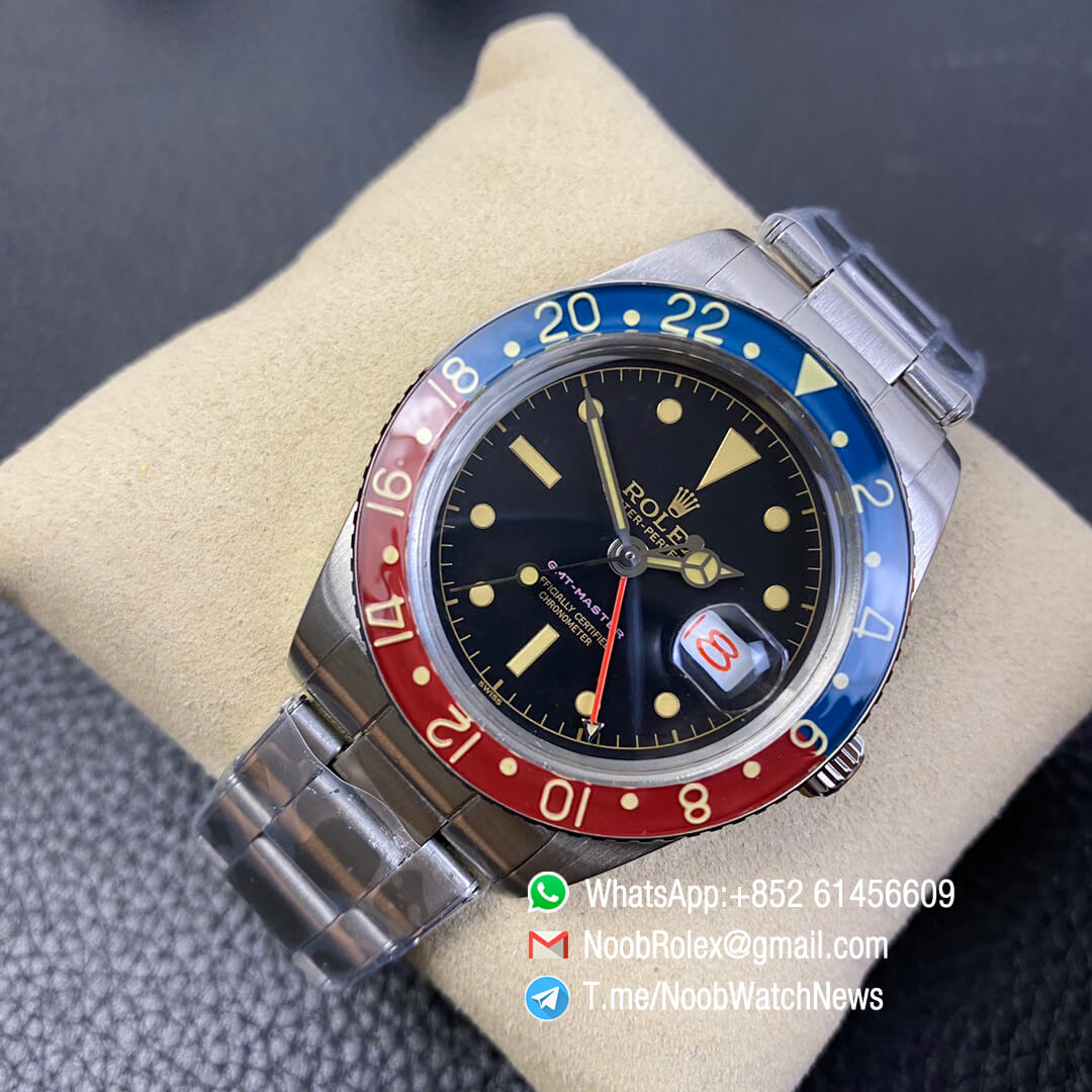 Vintage Rolex Pepsi GMT Master Blue Red Bezel Black Dial Red Font Date Window A2836 High Quality Replica Retro GMT MASTER 08
