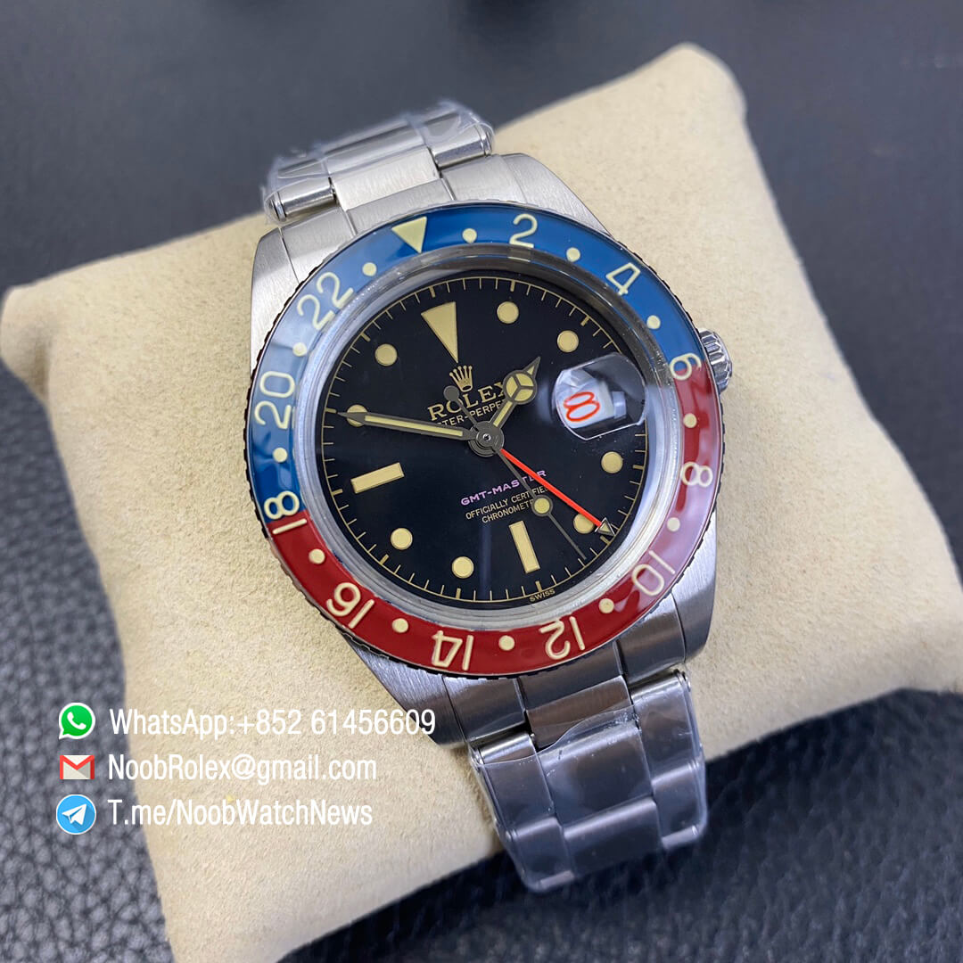 Vintage Rolex Pepsi GMT Master Blue Red Bezel Black Dial Red Font Date Window A2836 High Quality Replica Retro GMT MASTER 09