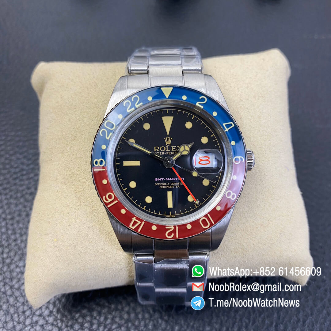 Vintage Rolex Pepsi GMT Master Blue Red Bezel Black Dial Red Font Date Window A2836 High Quality Replica Retro GMT MASTER 10