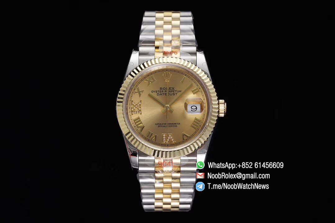 Datejust 36 Gold Dial with Roma Markers 6 9 Diamond Markers Two Tone 14K Yellow Gold Wrapped Jubilee Bracelet Bezel SA3235 GMF High Quality 02