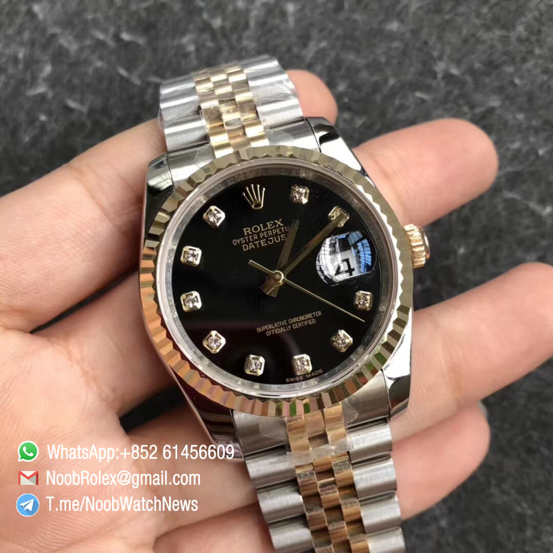 GMF Superclone DateJust 36mm 126234 14K Yellow Gold Bezel Oystersteel and 14K Yellow Gold Middel Link Jubilee Bracelet Black Dial with Diamonds Indexes SA3235 02