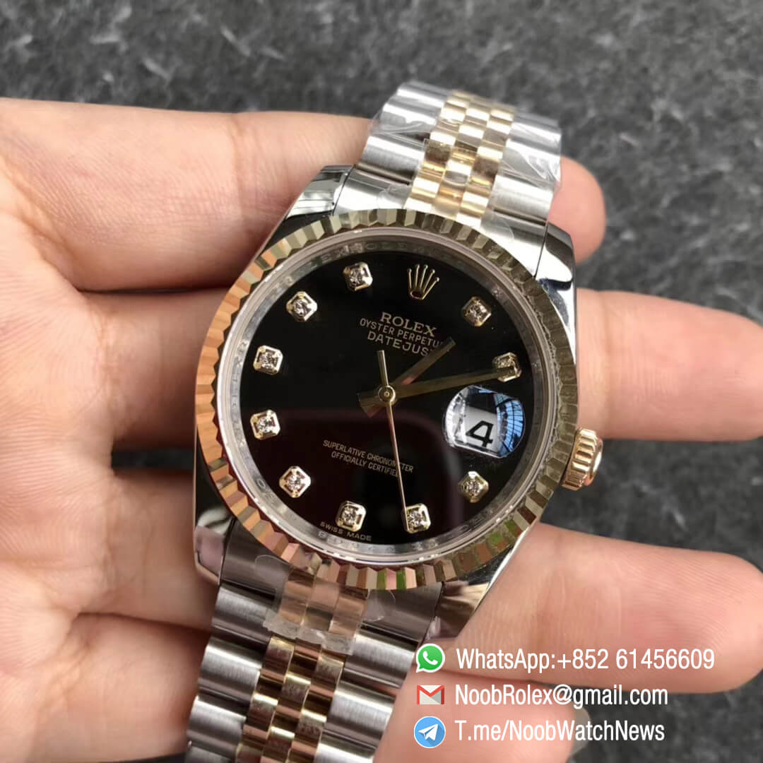 GMF Superclone DateJust 36mm 126234 14K Yellow Gold Bezel Oystersteel and 14K Yellow Gold Middel Link Jubilee Bracelet Black Dial with Diamonds Indexes SA3235 03